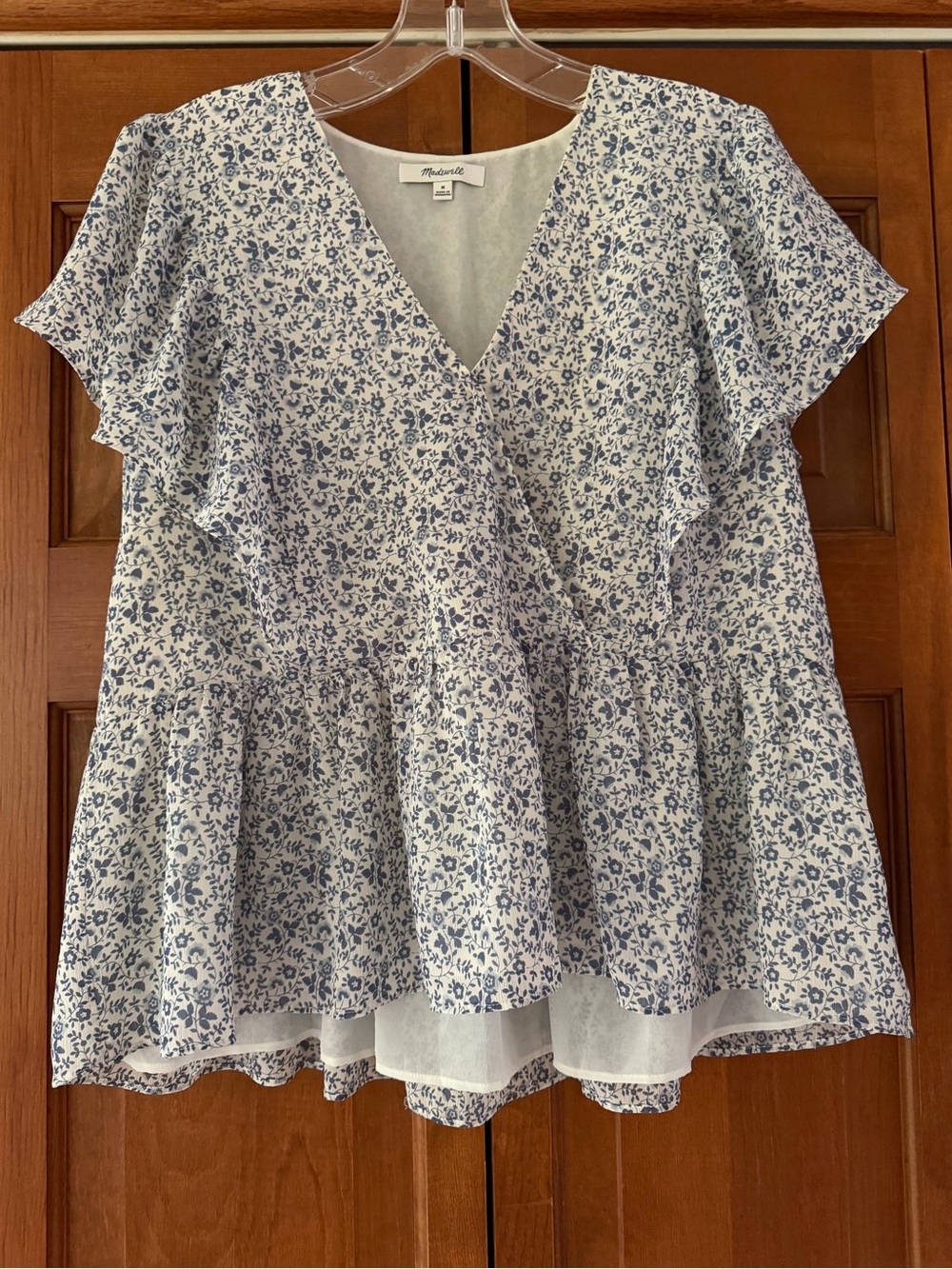 Madewell White and Blue Floral Ruffle Peplum Blouse